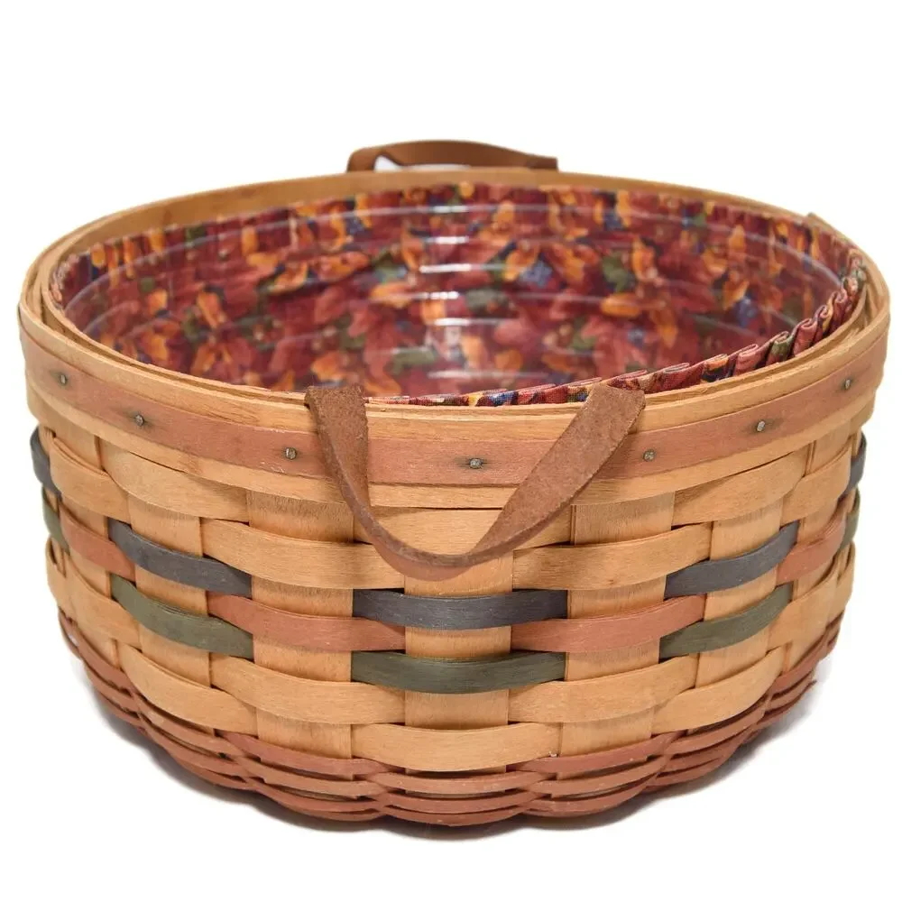 Longaberger 1995 Large Round Harvest Basket Handles Liner & Plastic Protector